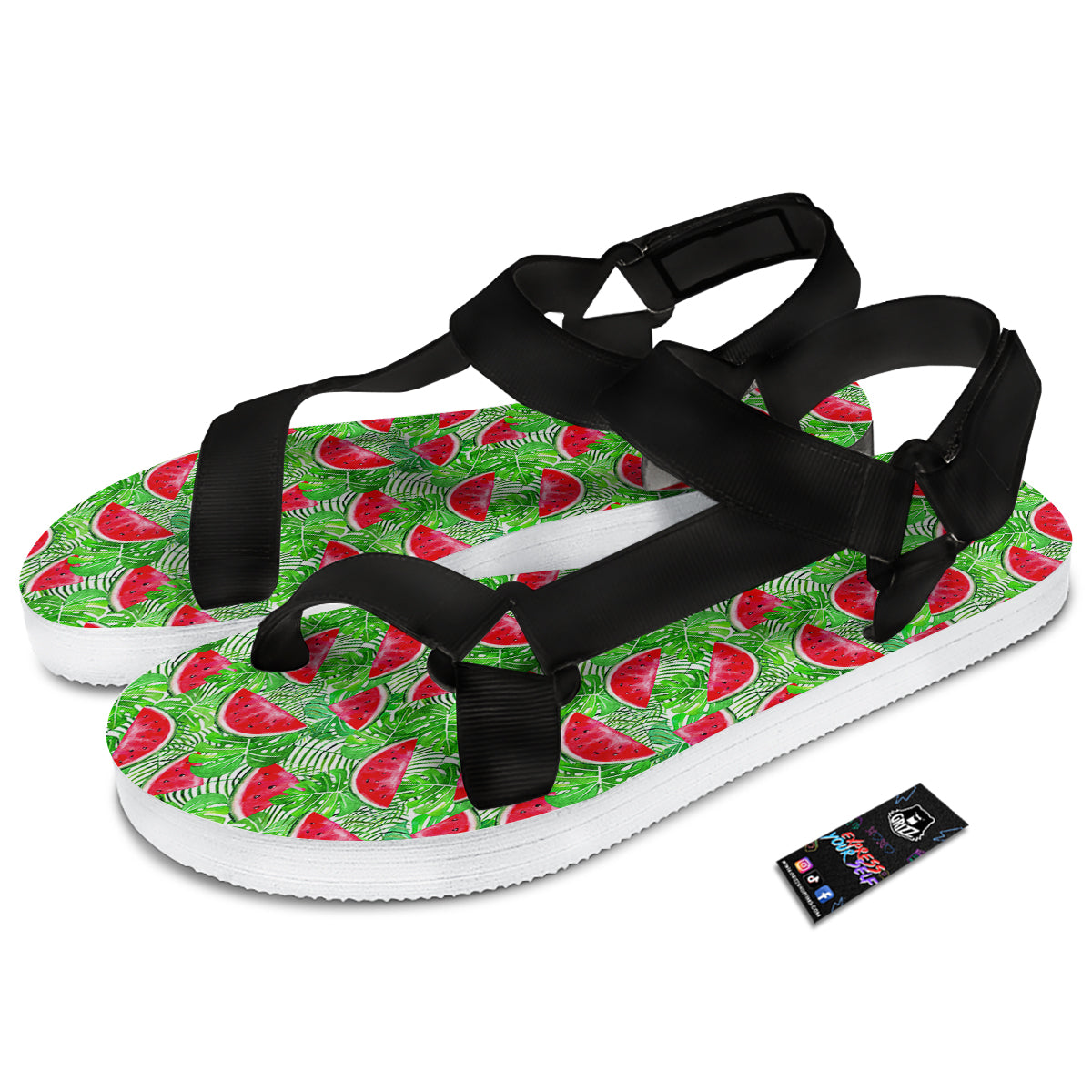 Watermelon Aloha Tropical Print Pattern Black Open Toe Sandals-grizzshop