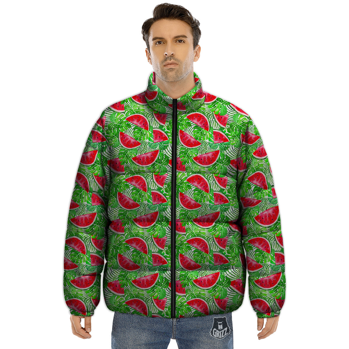 Watermelon Aloha Tropical Print Pattern Puffer Jacket-grizzshop
