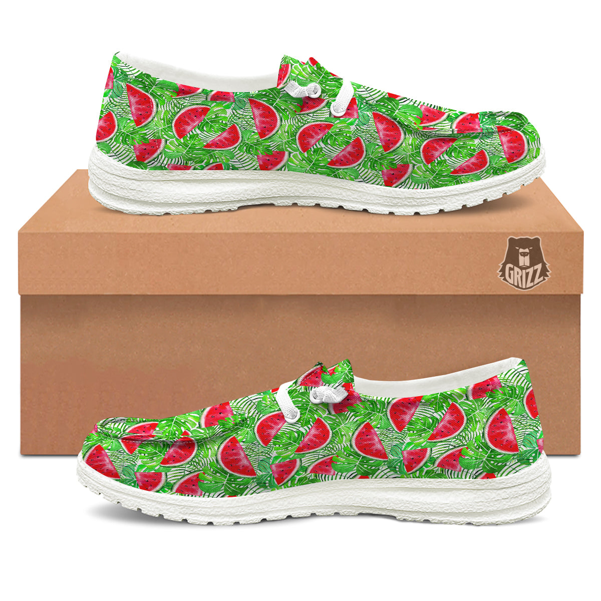 Watermelon Aloha Tropical Print Pattern White Loafers-grizzshop