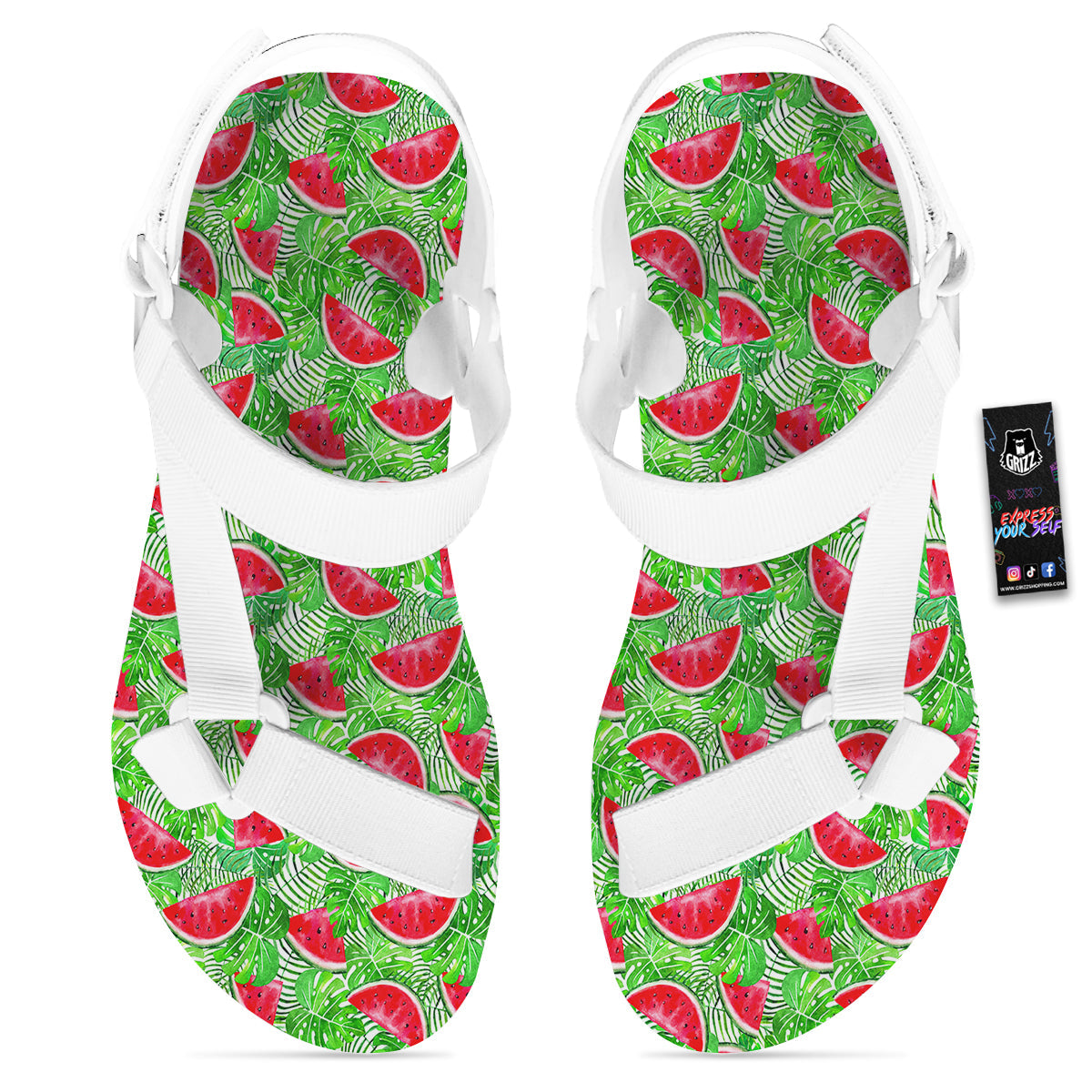 Watermelon Aloha Tropical Print Pattern White Open Toe Sandals-grizzshop