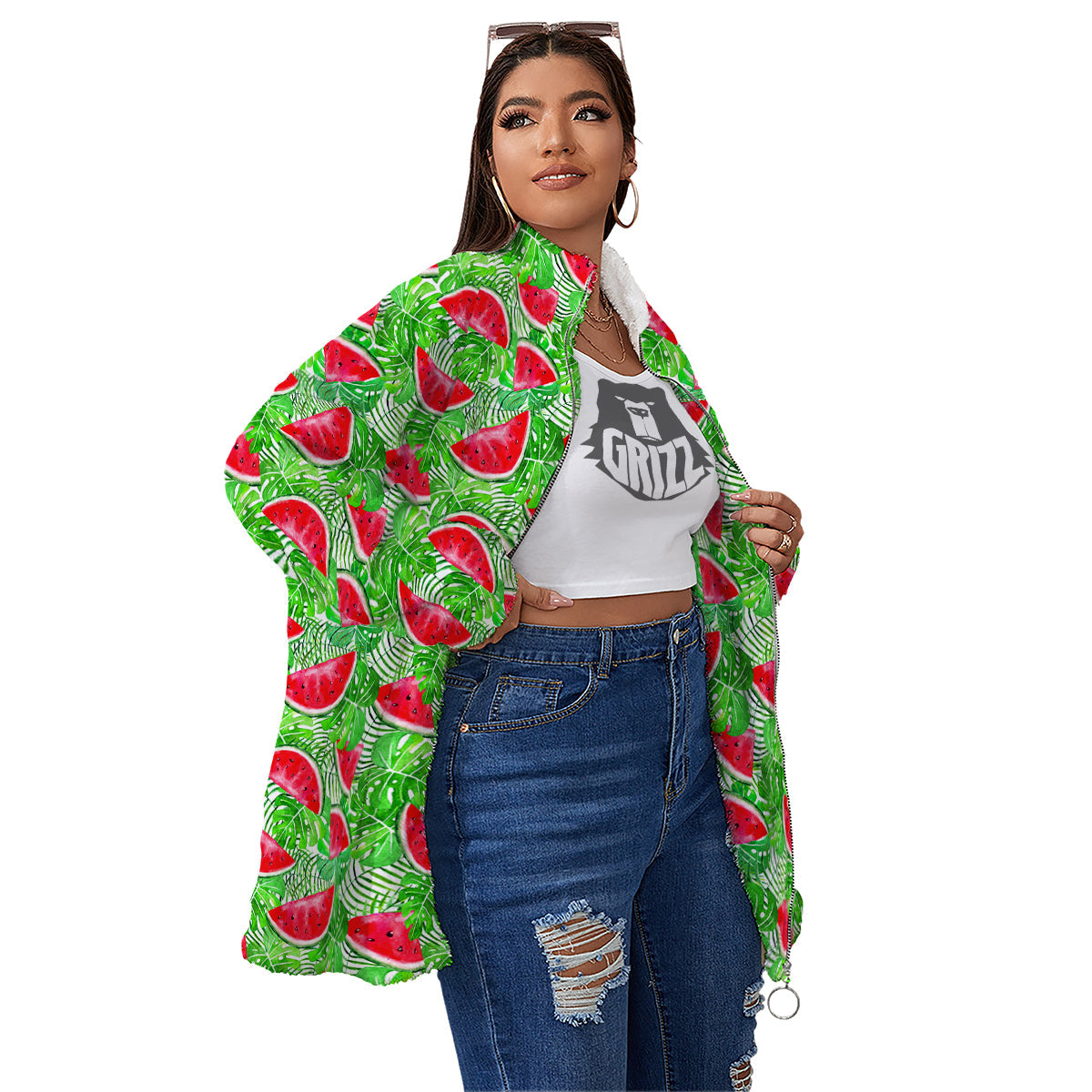 Watermelon Aloha Tropical Print Pattern Women's Sherpa Jacket-grizzshop