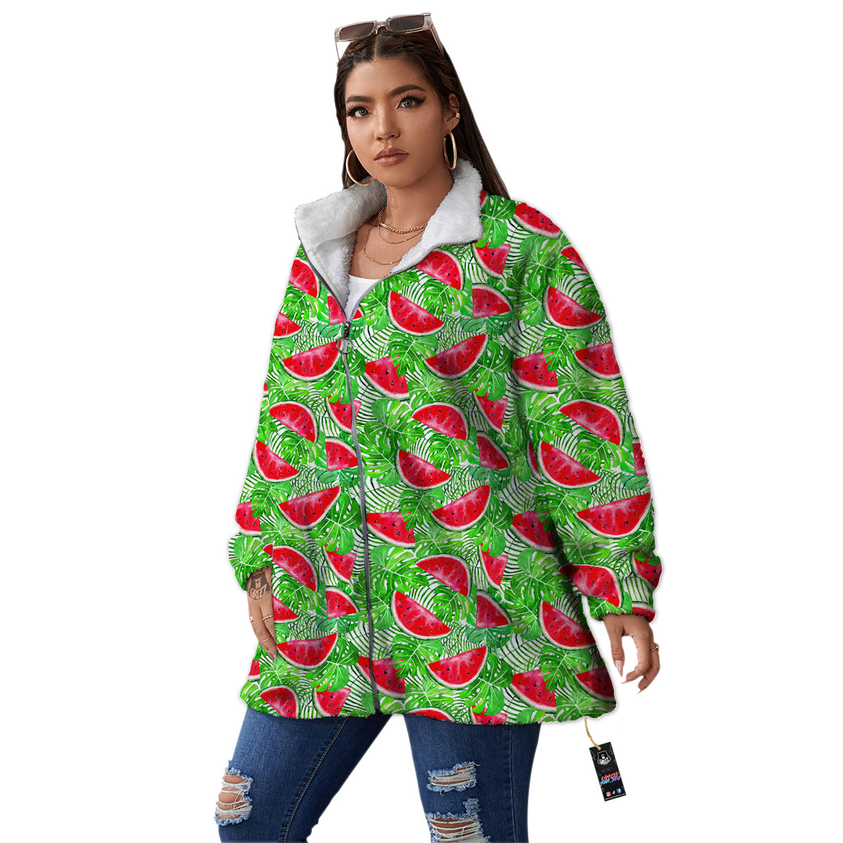 Watermelon Aloha Tropical Print Pattern Women's Sherpa Jacket-grizzshop