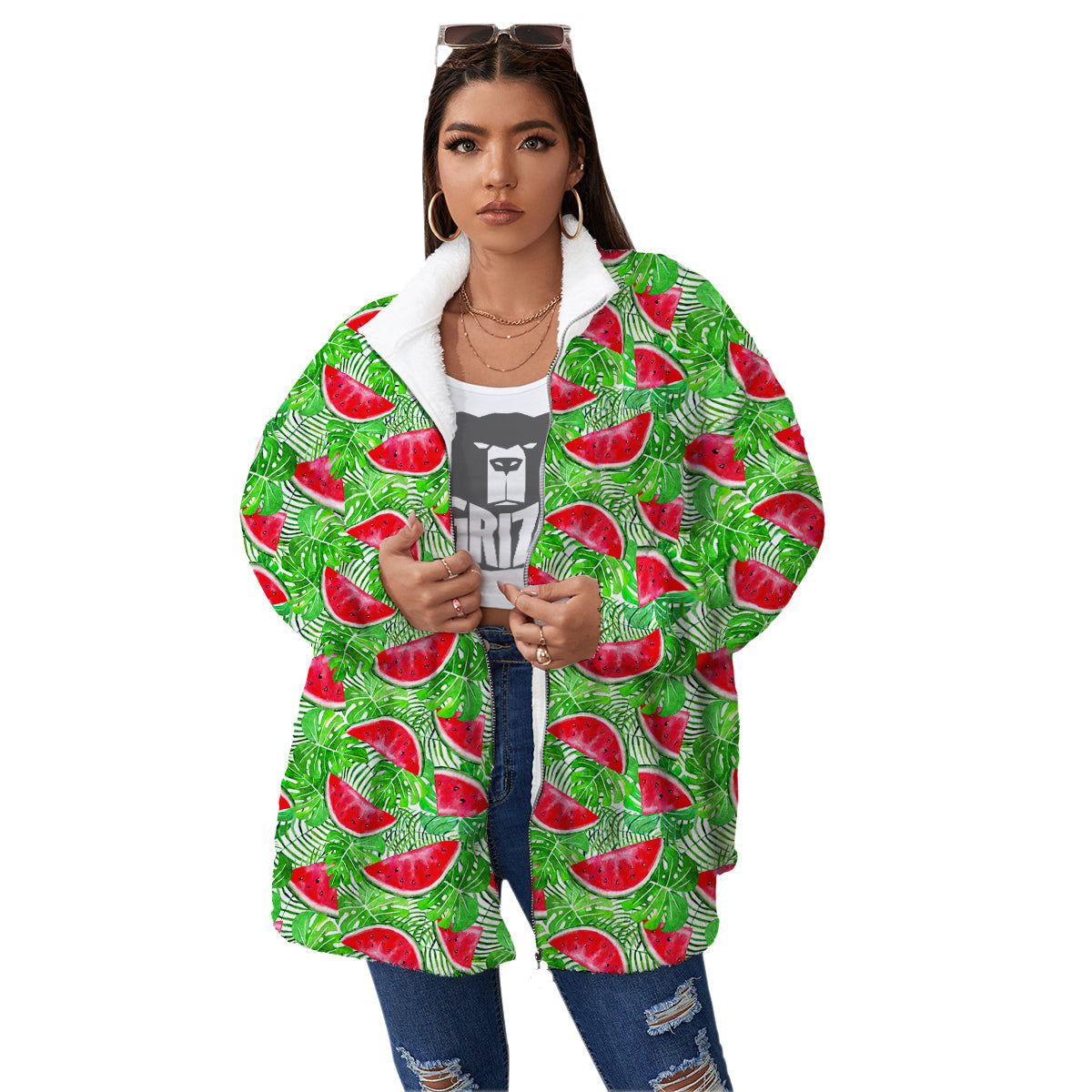 Watermelon Aloha Tropical Print Pattern Women's Sherpa Jacket-grizzshop