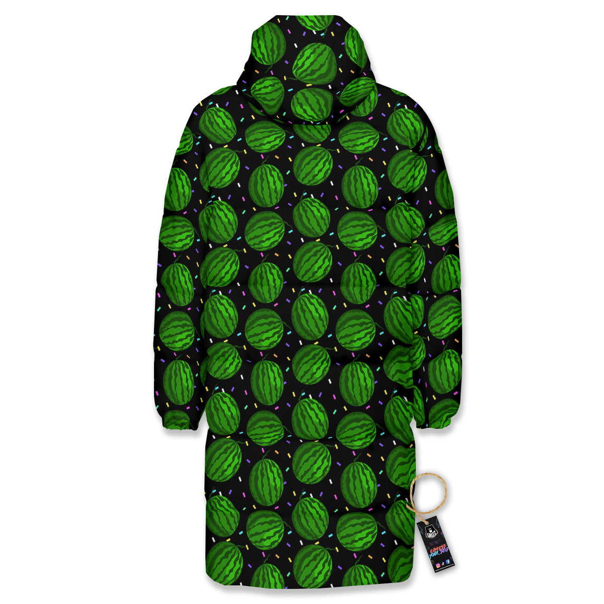 Watermelon Black Cute Print Pattern Long Down Jacket-grizzshop