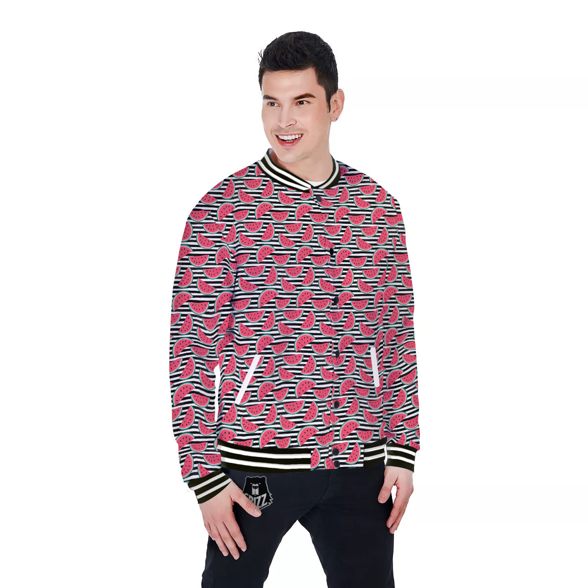 Watermelon Black Striped Print Pattern Baseball Jacket-grizzshop