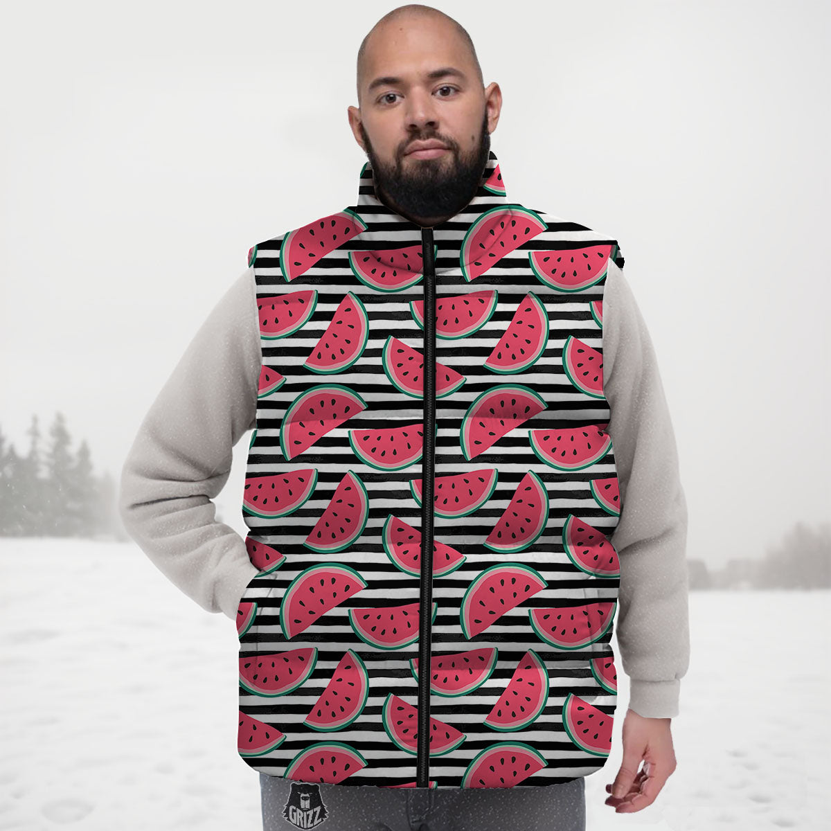 Watermelon Black Striped Print Pattern Down Vest