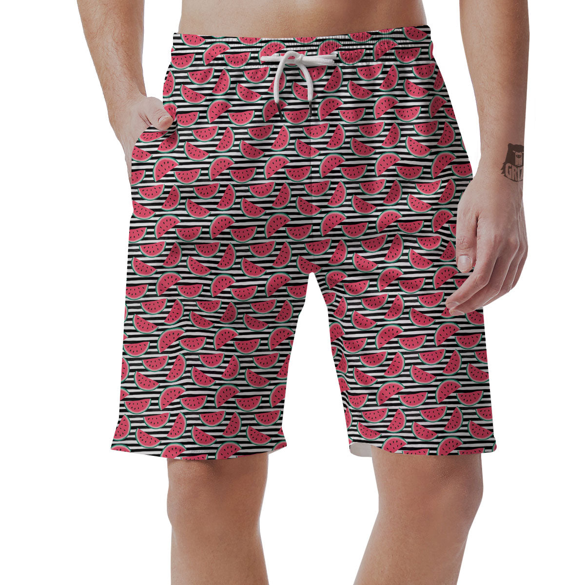 Watermelon Black Striped Print Pattern Men's Shorts-grizzshop