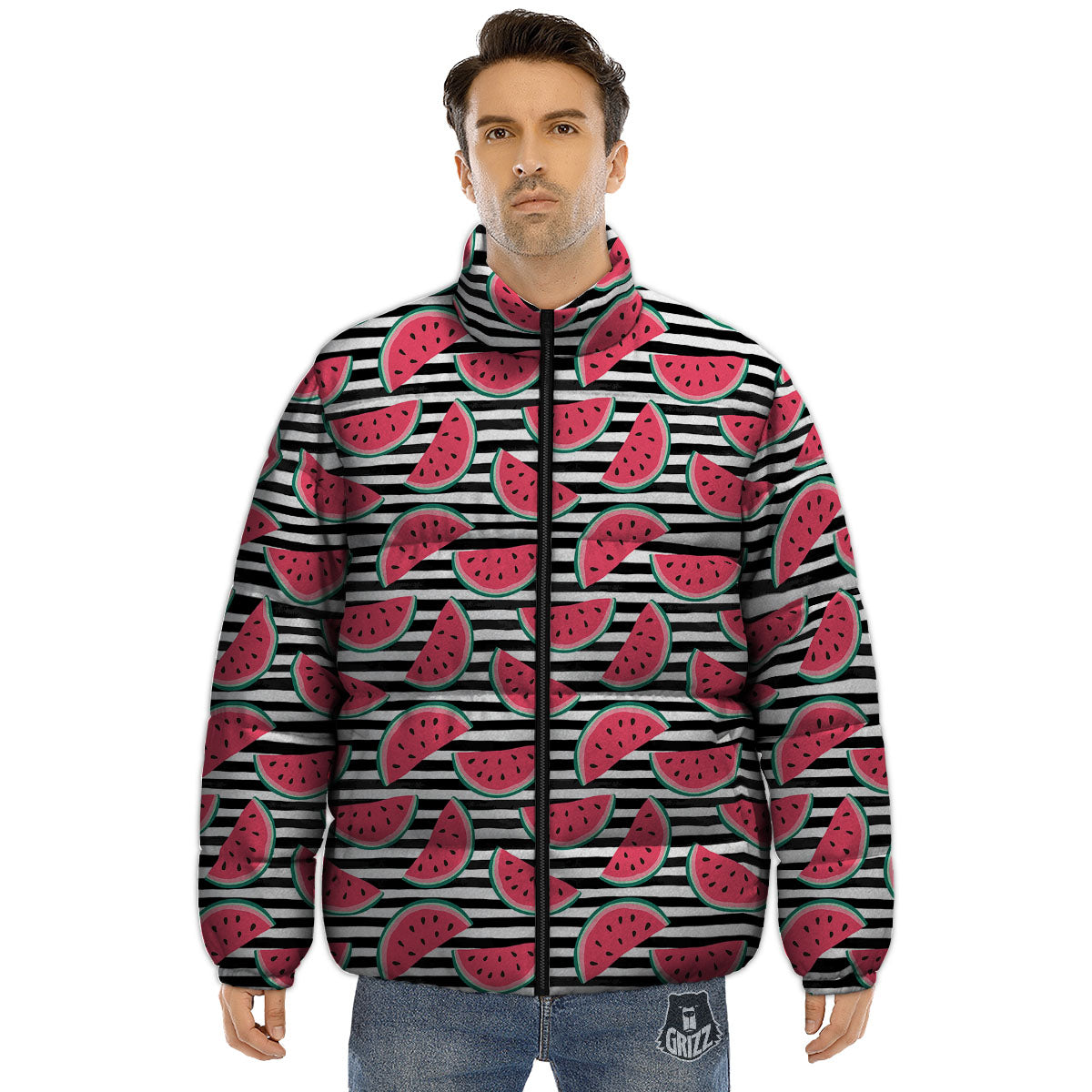 Watermelon Black Striped Print Pattern Puffer Jacket-grizzshop