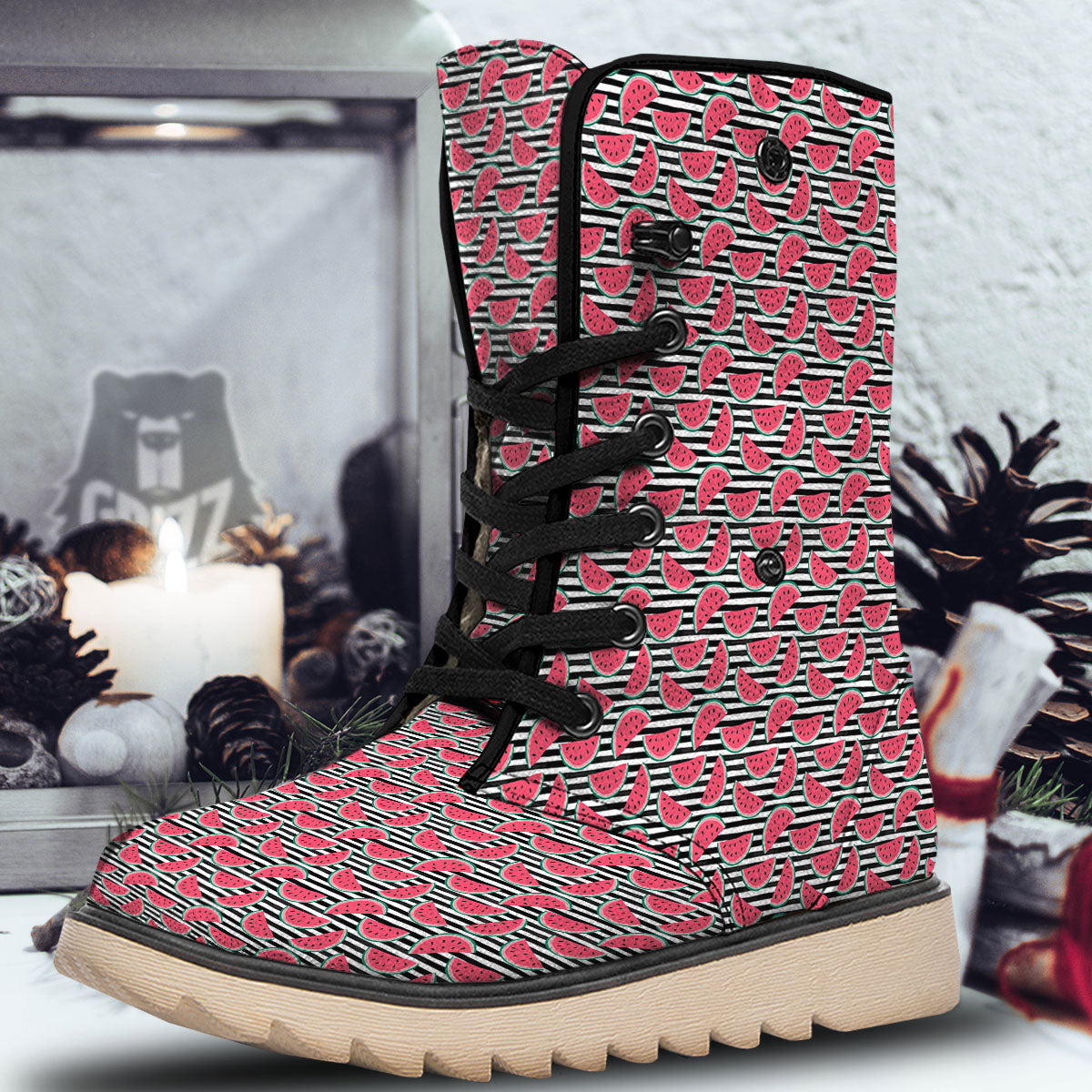 Watermelon Black Striped Print Pattern Snow Boots-grizzshop