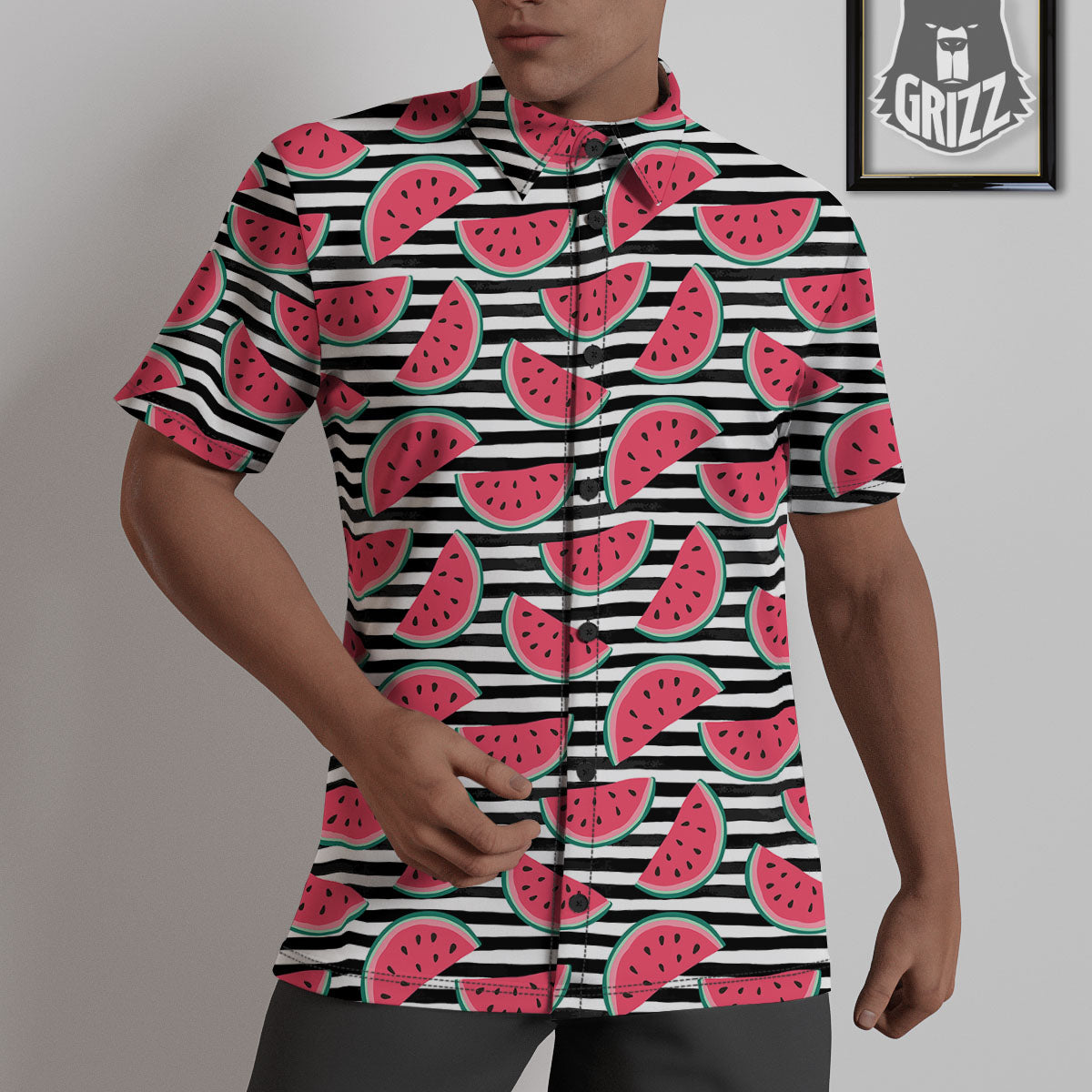 Watermelon Black Striped Print Pattern Untucked Shirts-grizzshop