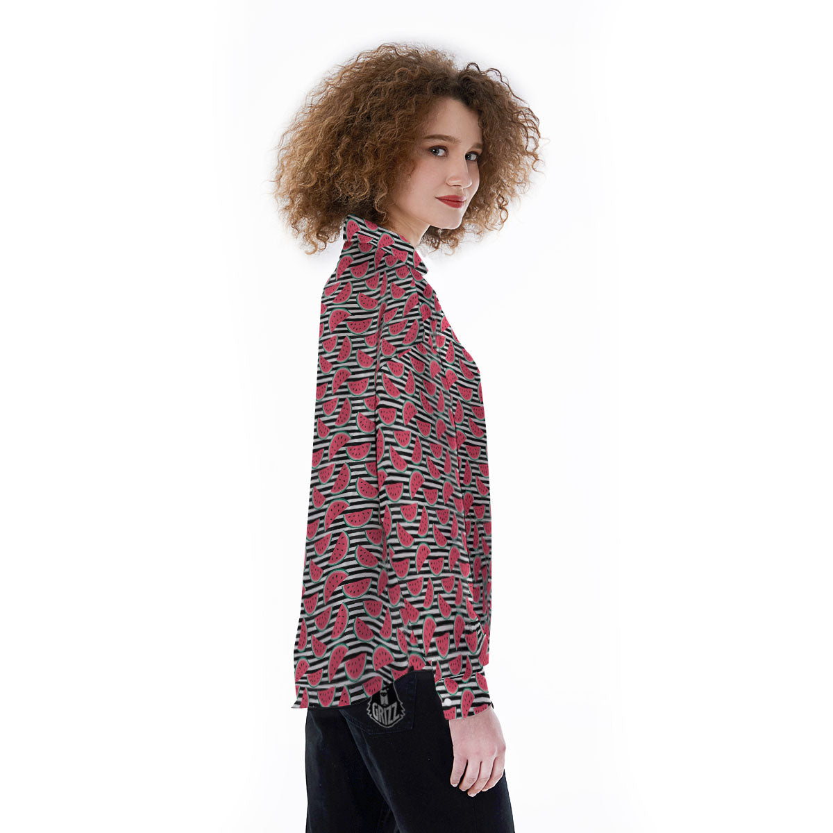 Watermelon Black Striped Print Pattern Women's Long Sleeve Shirts-grizzshop