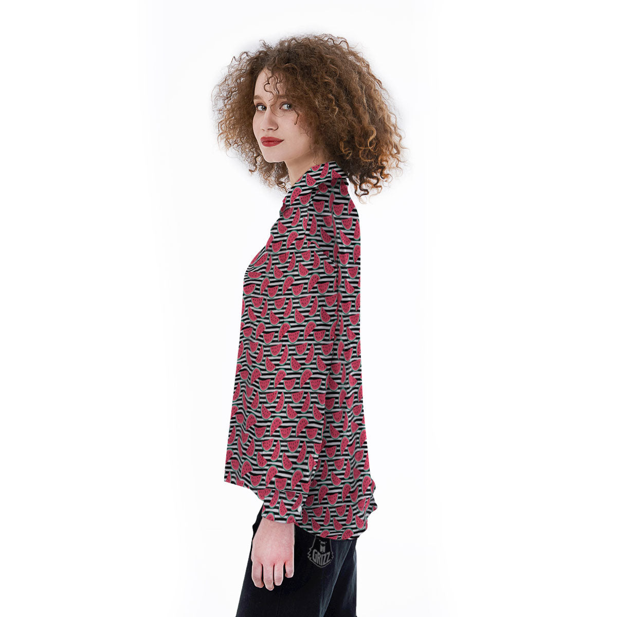 Watermelon Black Striped Print Pattern Women's Long Sleeve Shirts-grizzshop