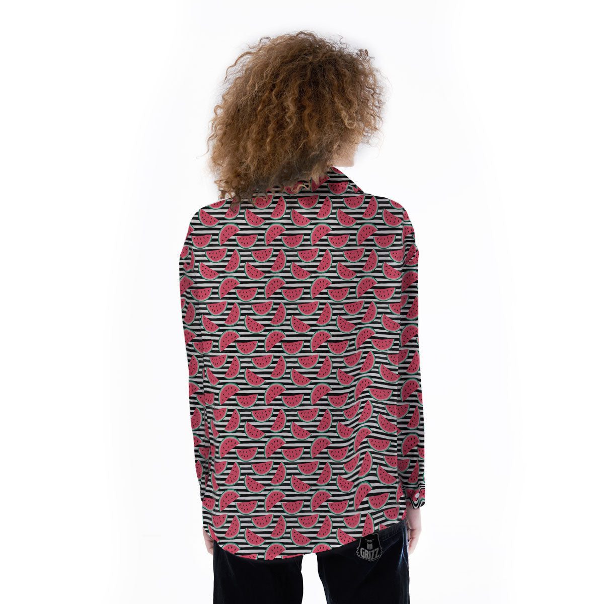 Watermelon Black Striped Print Pattern Women's Long Sleeve Shirts-grizzshop