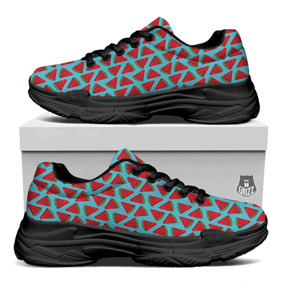 Watermelon Blue Cute Print Pattern Black Chunky Shoes-grizzshop