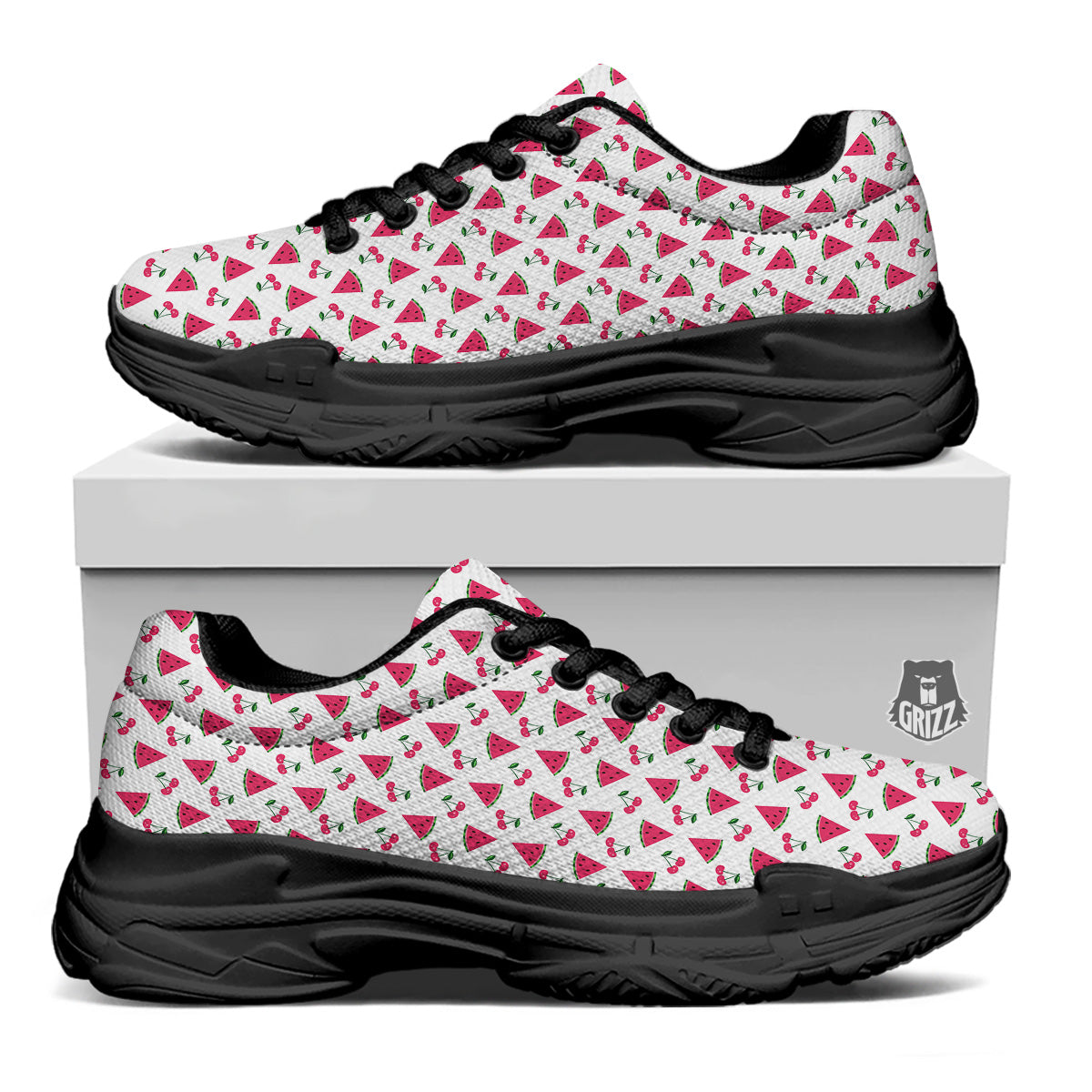 Watermelon Cute Berry Print Pattern Black Chunky Shoes-grizzshop
