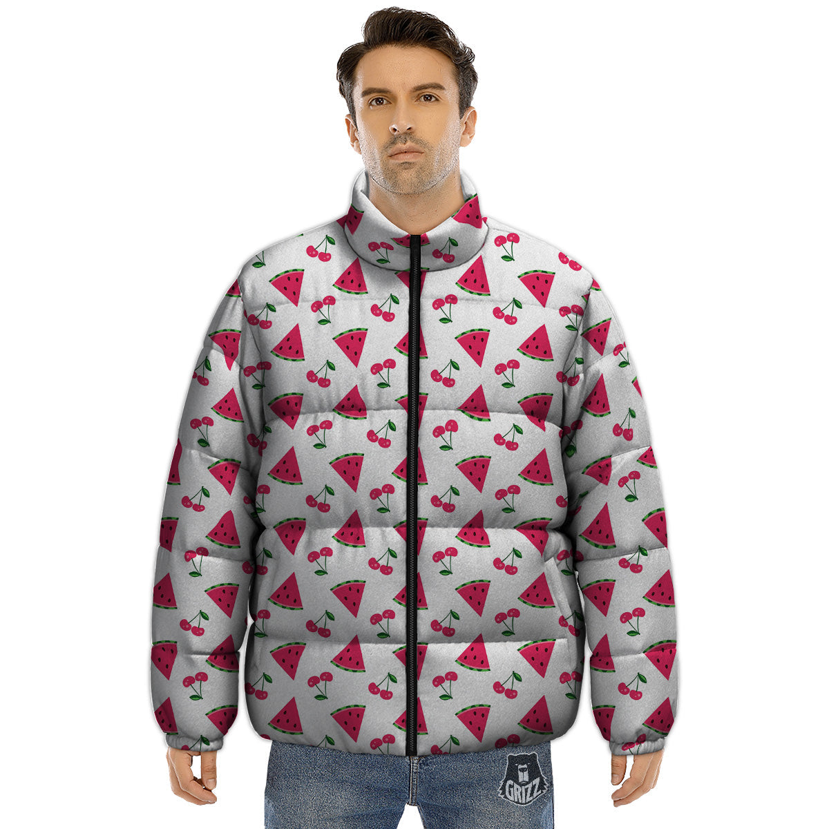 Watermelon Cute Berry Print Pattern Puffer Jacket-grizzshop