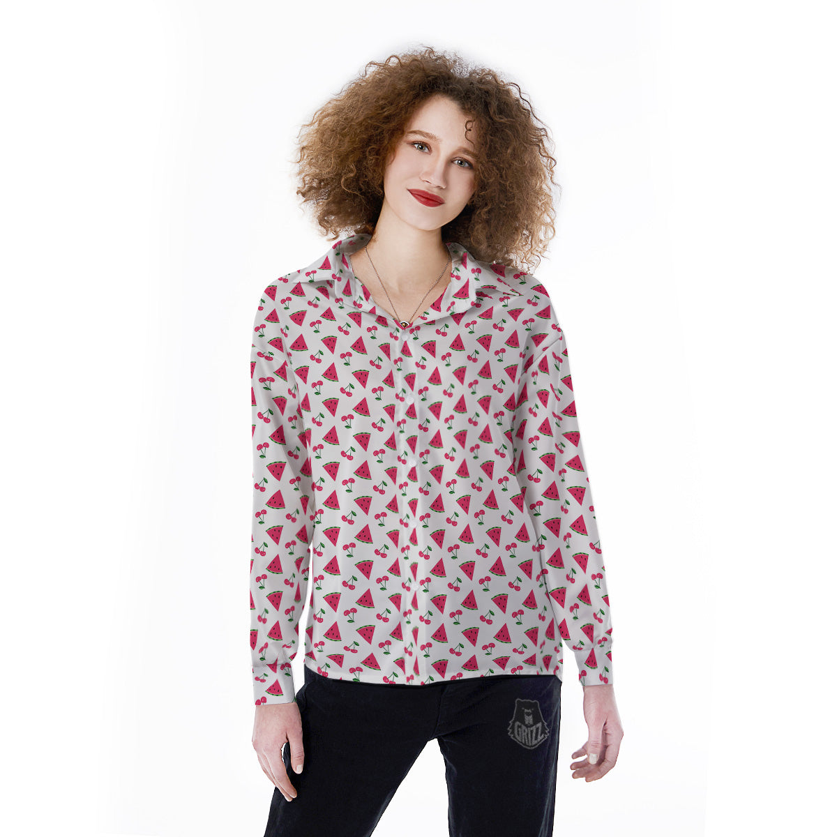 Watermelon Cute Berry Print Pattern Women's Long Sleeve Shirts-grizzshop