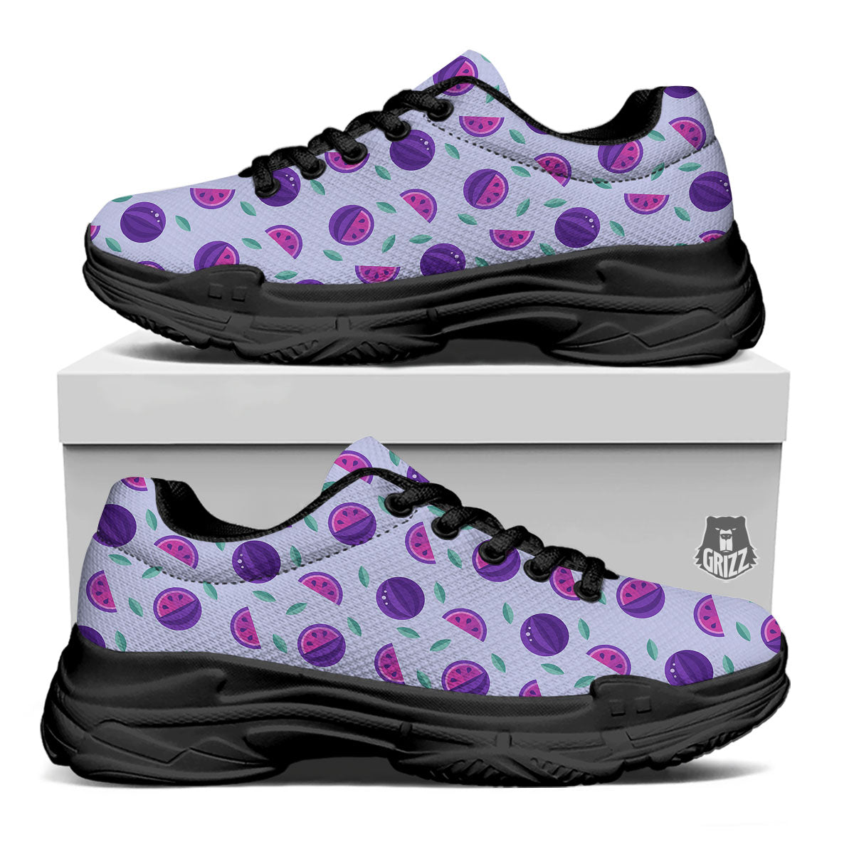 Watermelon Fancy Purple Print Pattern Black Chunky Shoes-grizzshop