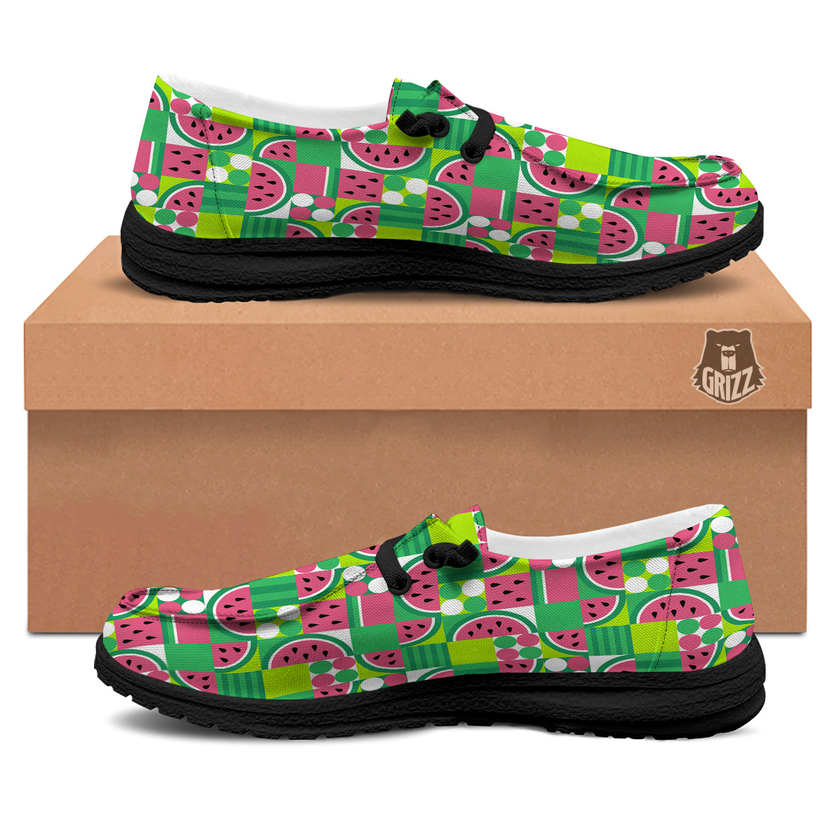 Watermelon Fruit Slice Geometric Print Black Loafers-grizzshop