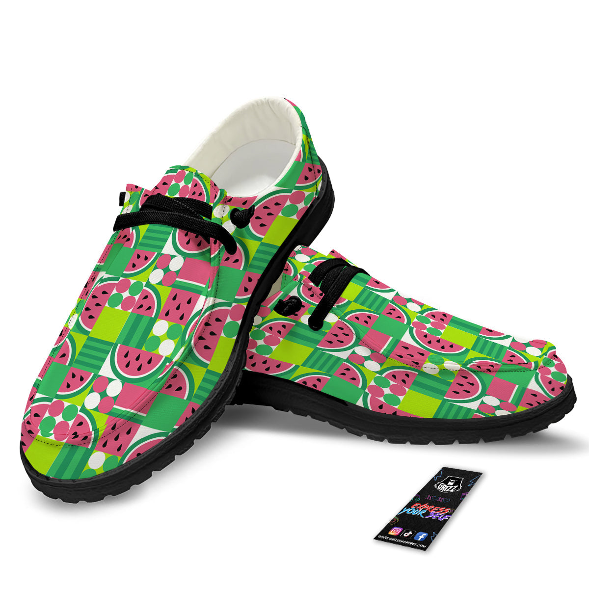 Watermelon Fruit Slice Geometric Print Black Loafers-grizzshop
