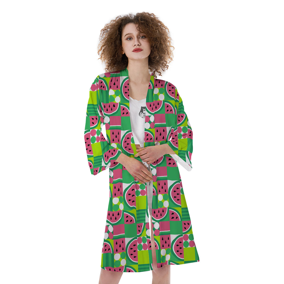 Watermelon Fruit Slice Geometric Print Kimono-grizzshop