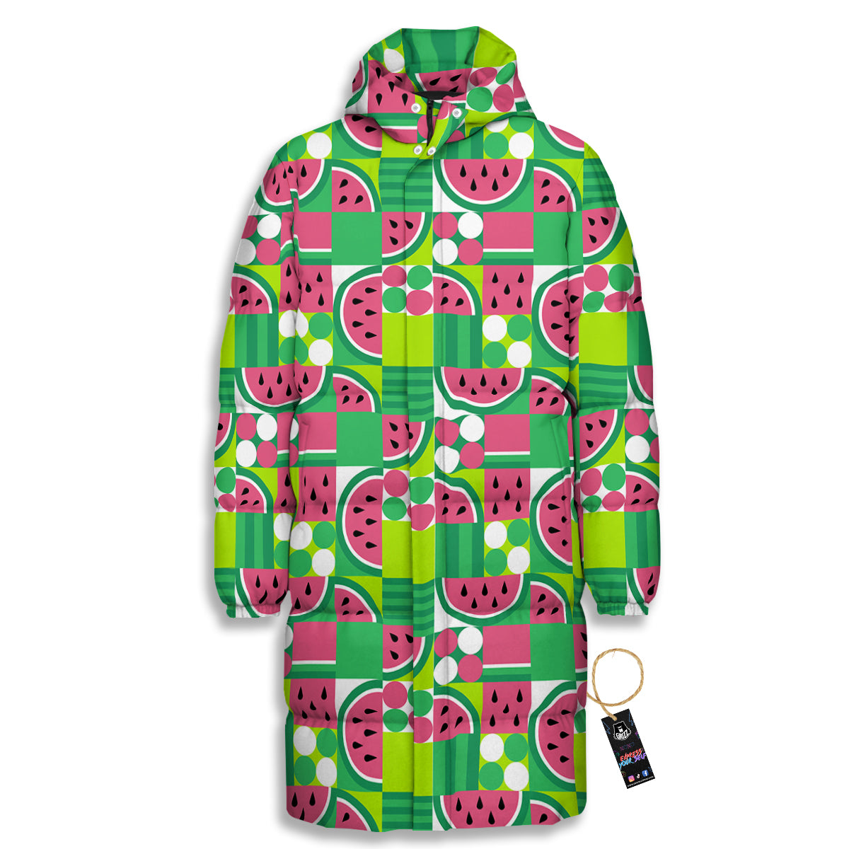 Watermelon Fruit Slice Geometric Print Long Down Jacket-grizzshop