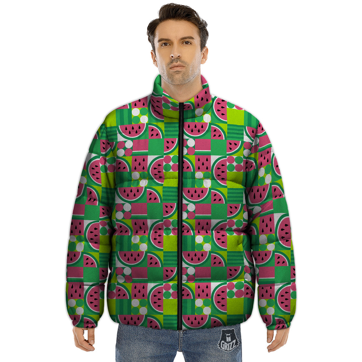 Watermelon Fruit Slice Geometric Print Puffer Jacket-grizzshop