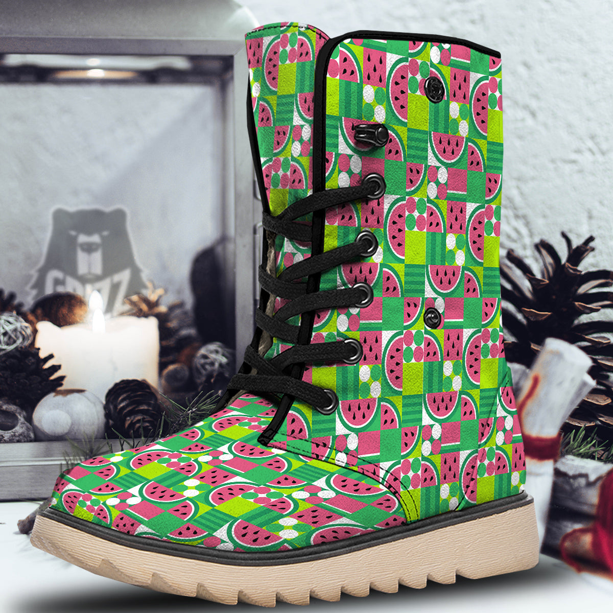 Watermelon Fruit Slice Geometric Print Snow Boots-grizzshop