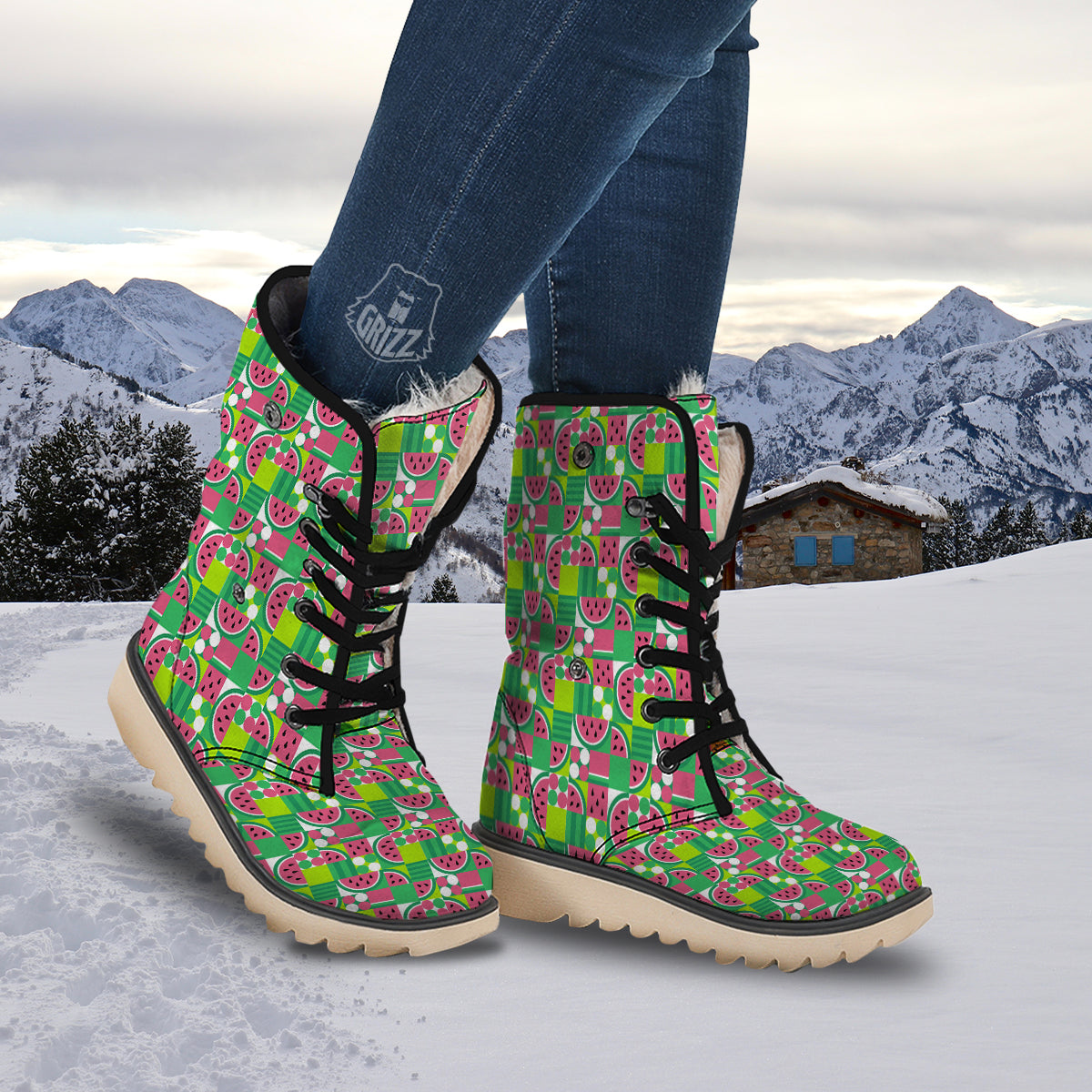 Watermelon Fruit Slice Geometric Print Snow Boots-grizzshop