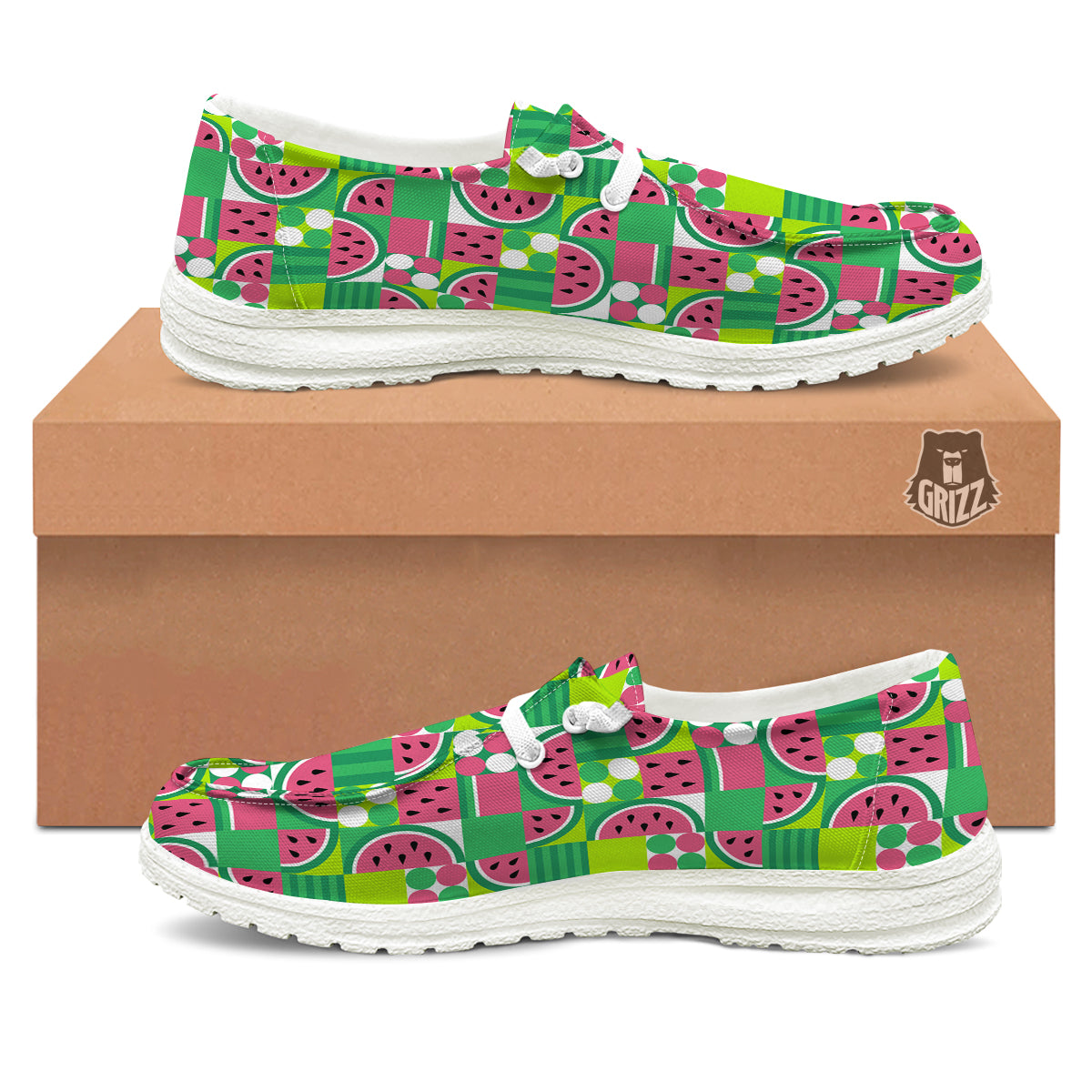 Watermelon Fruit Slice Geometric Print White Loafers-grizzshop
