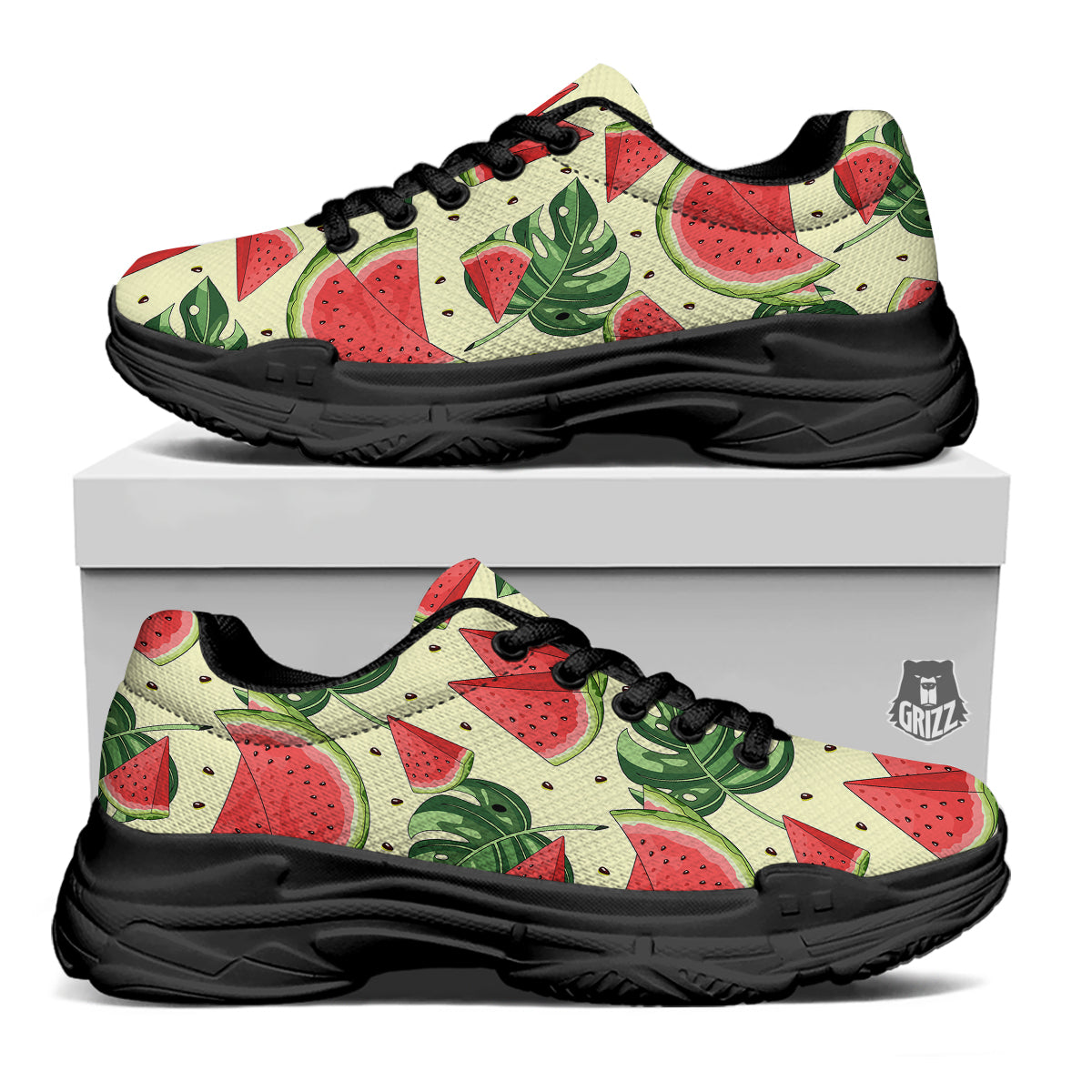 Watermelon Leaf Tropical Print Pattern Black Chunky Shoes-grizzshop