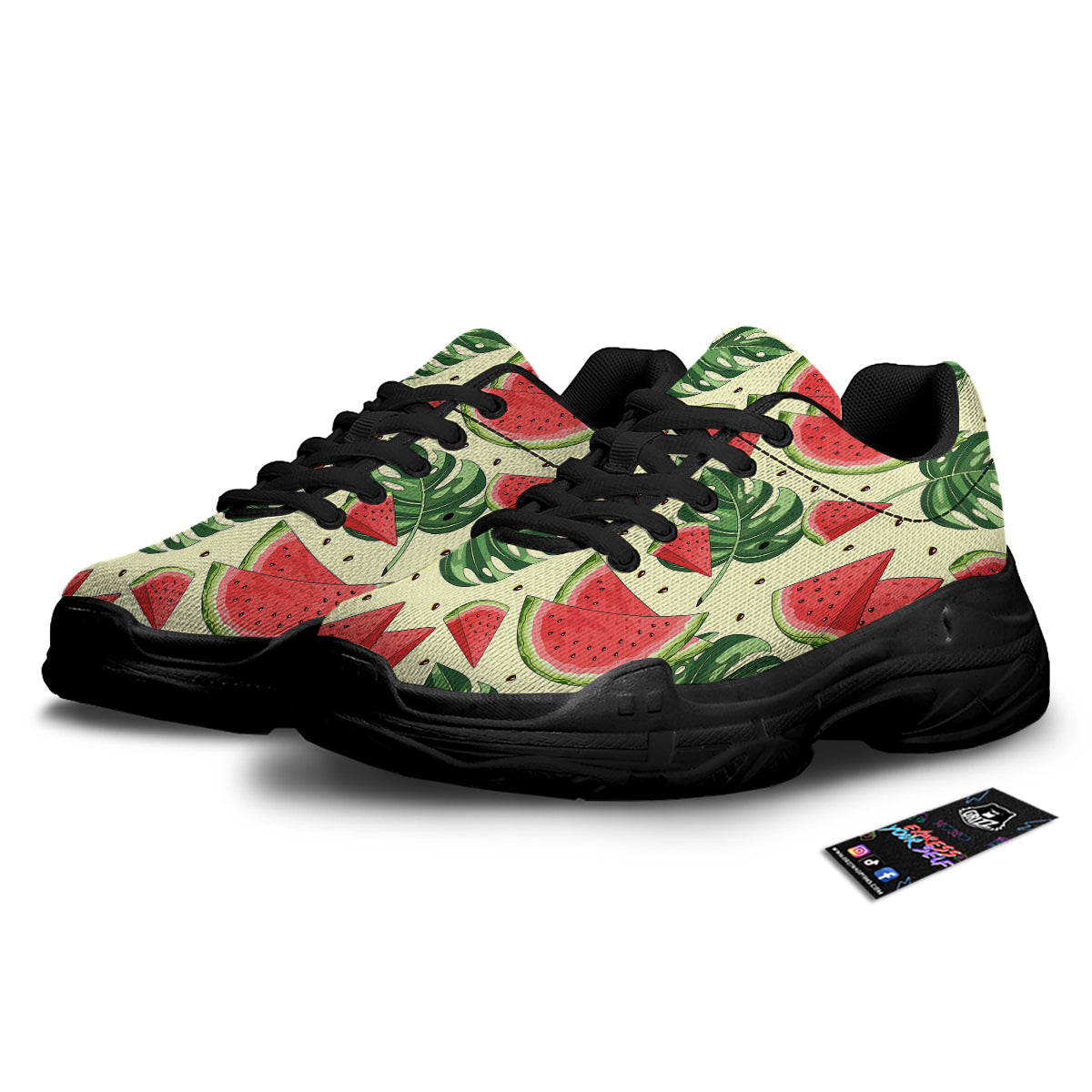 Watermelon Leaf Tropical Print Pattern Black Chunky Shoes-grizzshop
