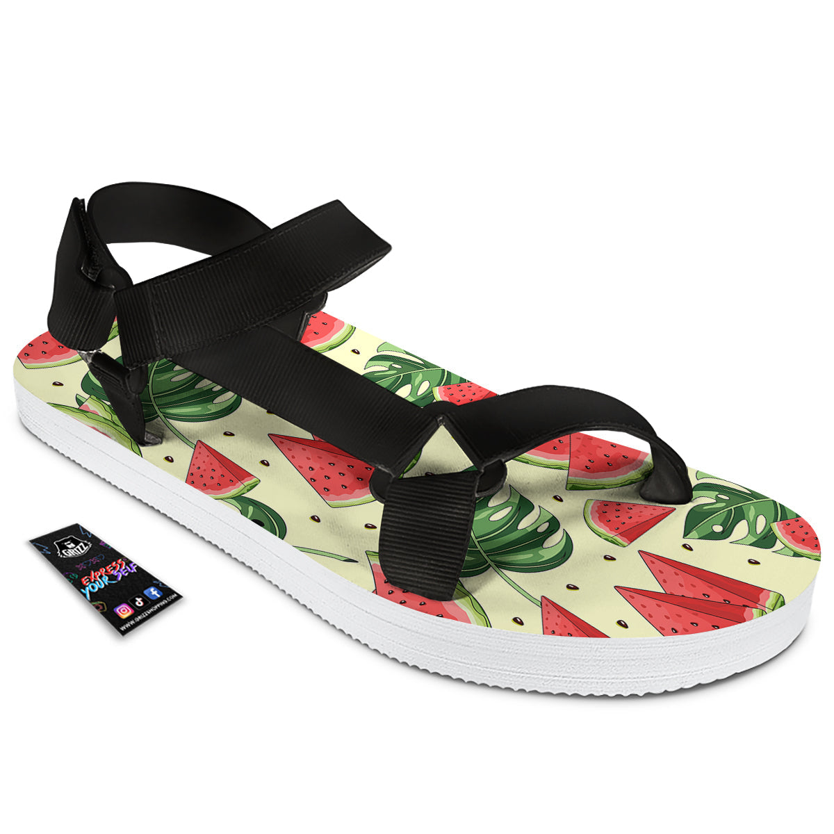 Watermelon Leaf Tropical Print Pattern Black Open Toe Sandals-grizzshop