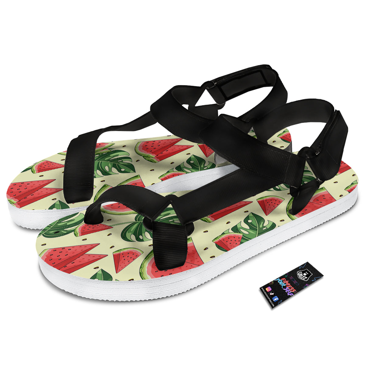 Watermelon Leaf Tropical Print Pattern Black Open Toe Sandals-grizzshop