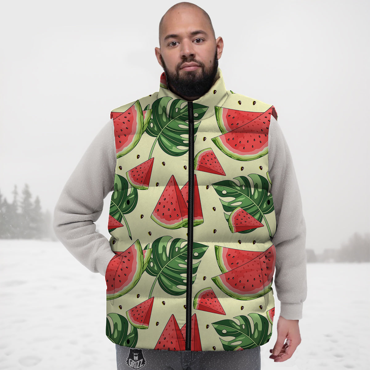 Watermelon Leaf Tropical Print Pattern Down Vest