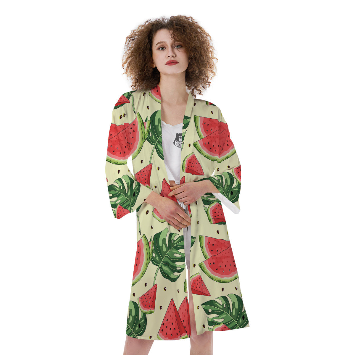 Watermelon Leaf Tropical Print Pattern Kimono-grizzshop