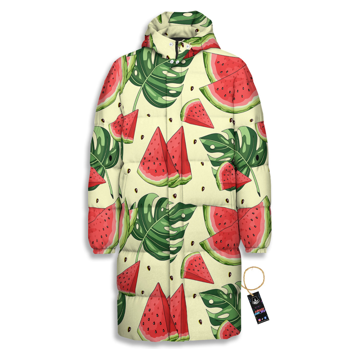 Watermelon Leaf Tropical Print Pattern Long Down Jacket-grizzshop
