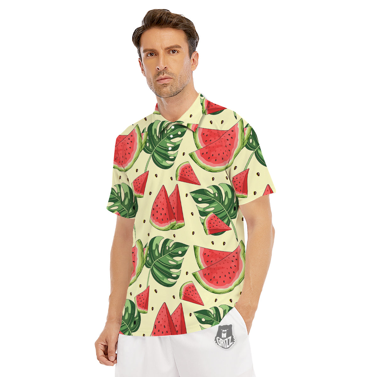 Watermelon Leaf Tropical Print Pattern Men's Golf Shirts-grizzshop