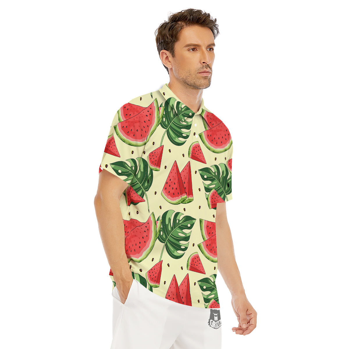 Watermelon Leaf Tropical Print Pattern Men's Golf Shirts-grizzshop