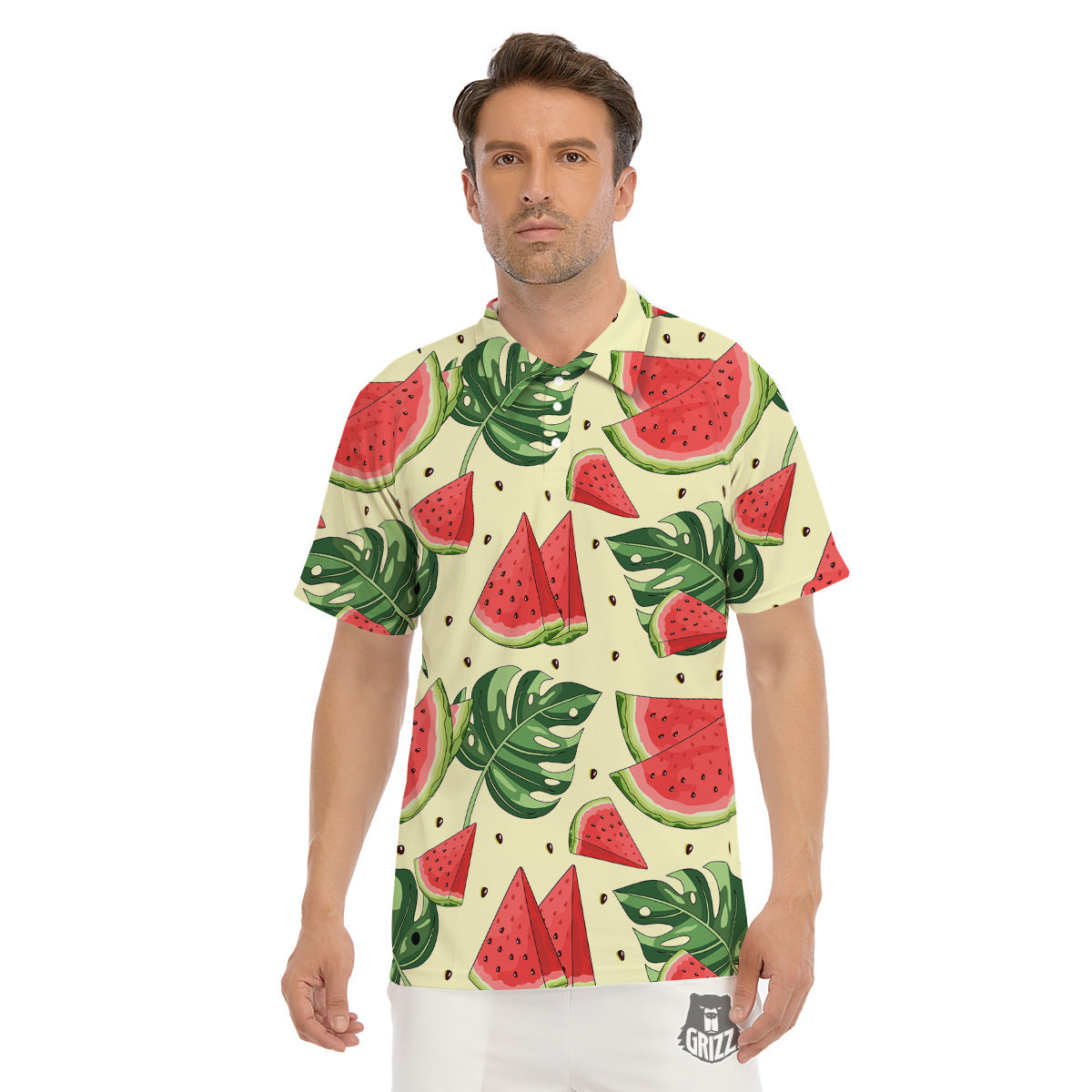 Watermelon Leaf Tropical Print Pattern Men's Golf Shirts-grizzshop
