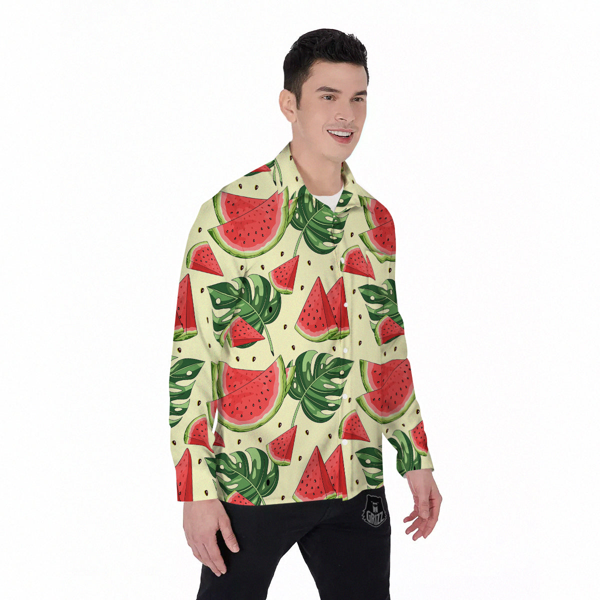 Watermelon Leaf Tropical Print Pattern Men's Long Sleeve Shirts-grizzshop