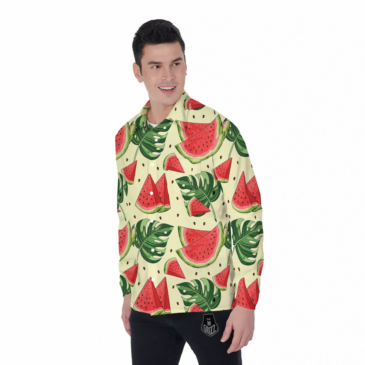Watermelon Leaf Tropical Print Pattern Men's Long Sleeve Shirts-grizzshop