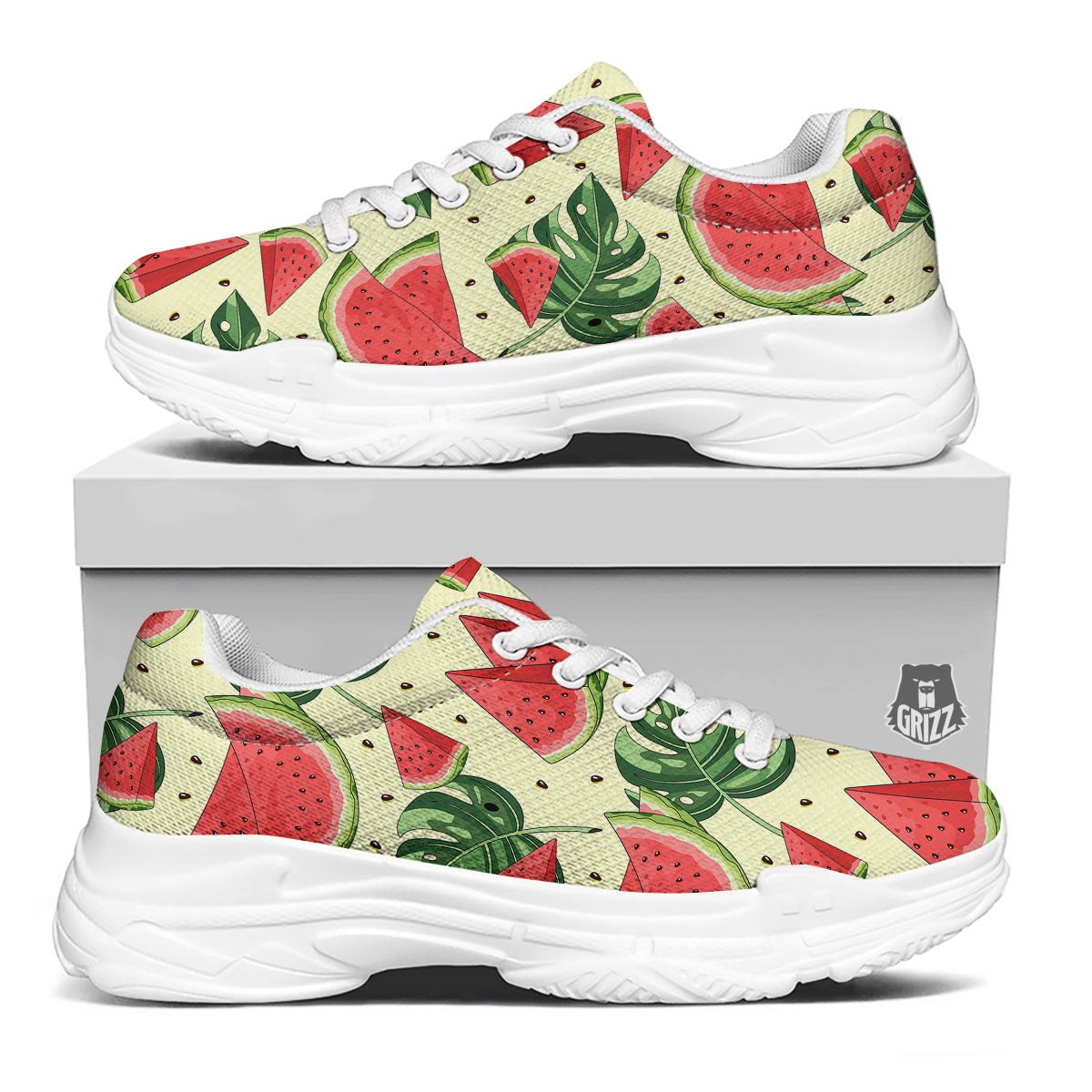 Watermelon Leaf Tropical Print Pattern White Chunky Shoes-grizzshop