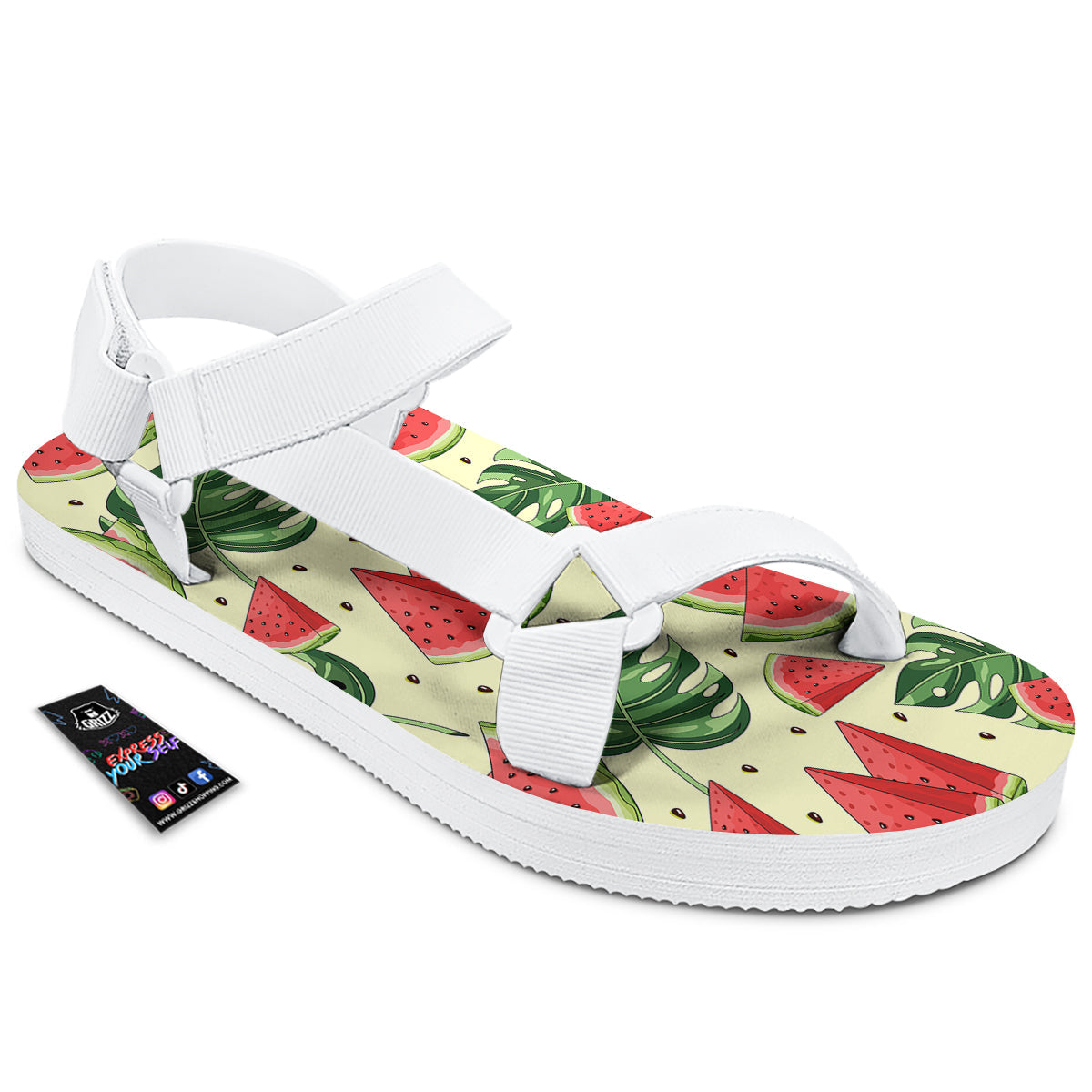 Watermelon Leaf Tropical Print Pattern White Open Toe Sandals-grizzshop