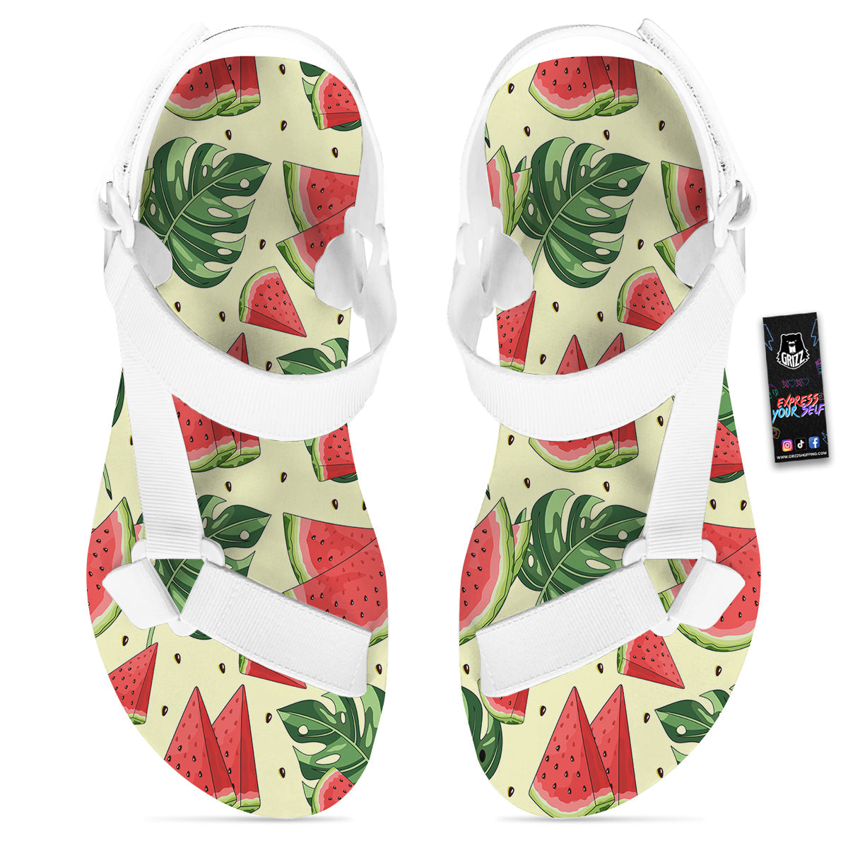 Watermelon Leaf Tropical Print Pattern White Open Toe Sandals-grizzshop
