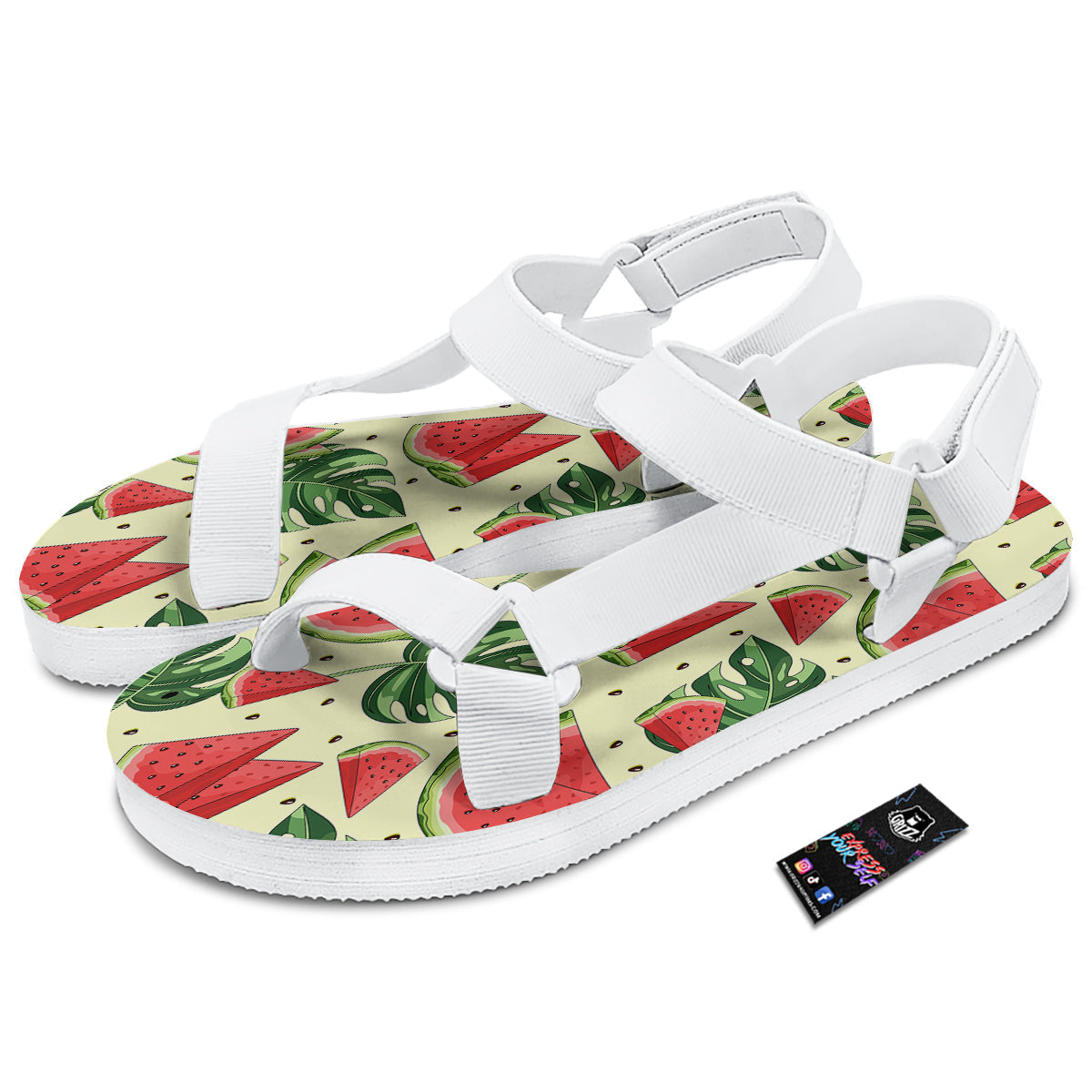 Watermelon Leaf Tropical Print Pattern White Open Toe Sandals-grizzshop