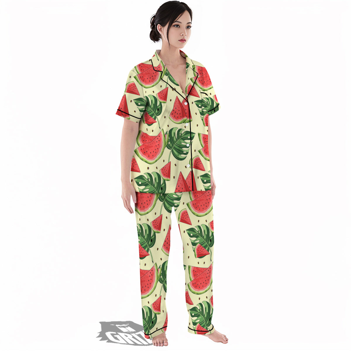 Watermelon Leaf Tropical Print Pattern Women's Pajamas Set-grizzshop