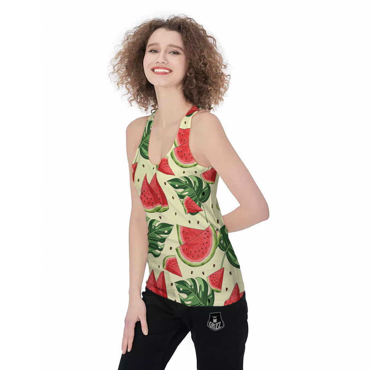 Watermelon Leaf Tropical Print Pattern Women's Racerback Tank Top-grizzshop