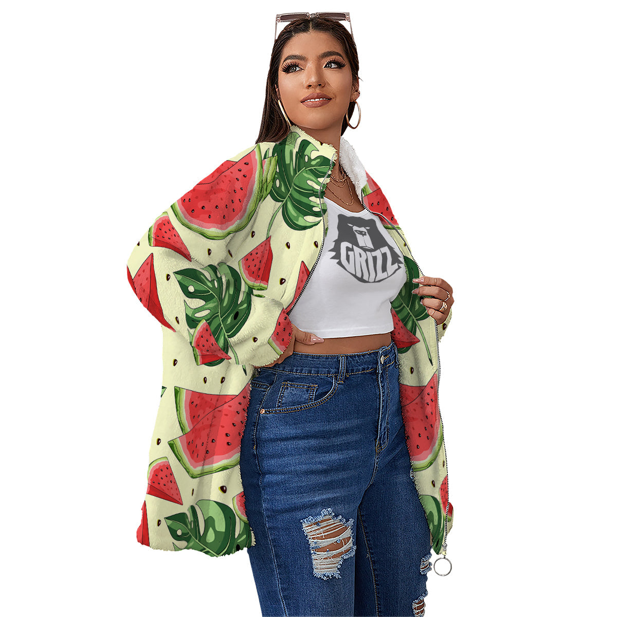 Watermelon Leaf Tropical Print Pattern Women's Sherpa Jacket-grizzshop