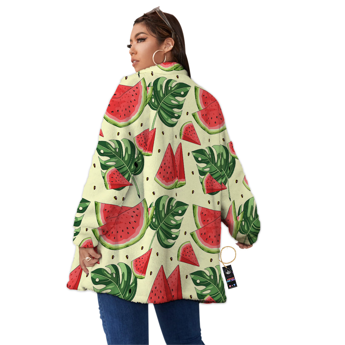 Watermelon Leaf Tropical Print Pattern Women's Sherpa Jacket-grizzshop